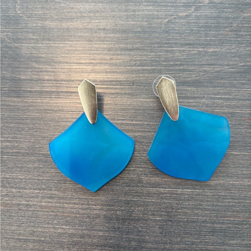 Kendra Scott Teal Blue Fan Drop Earrings with Gold Accents
